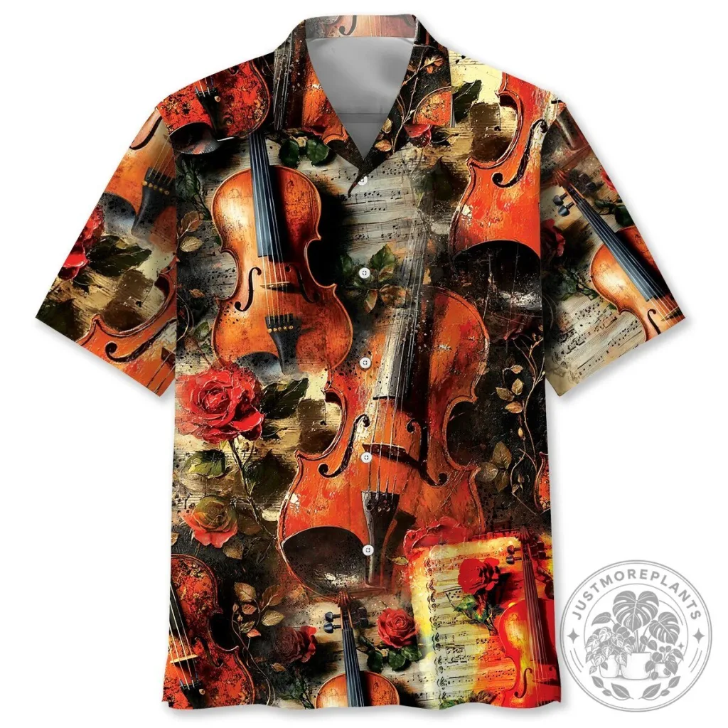 Musical Violin and Rose Pattern Hawaiian Shirt Musical Violin and Rose Pattern Hawaiian Shirt