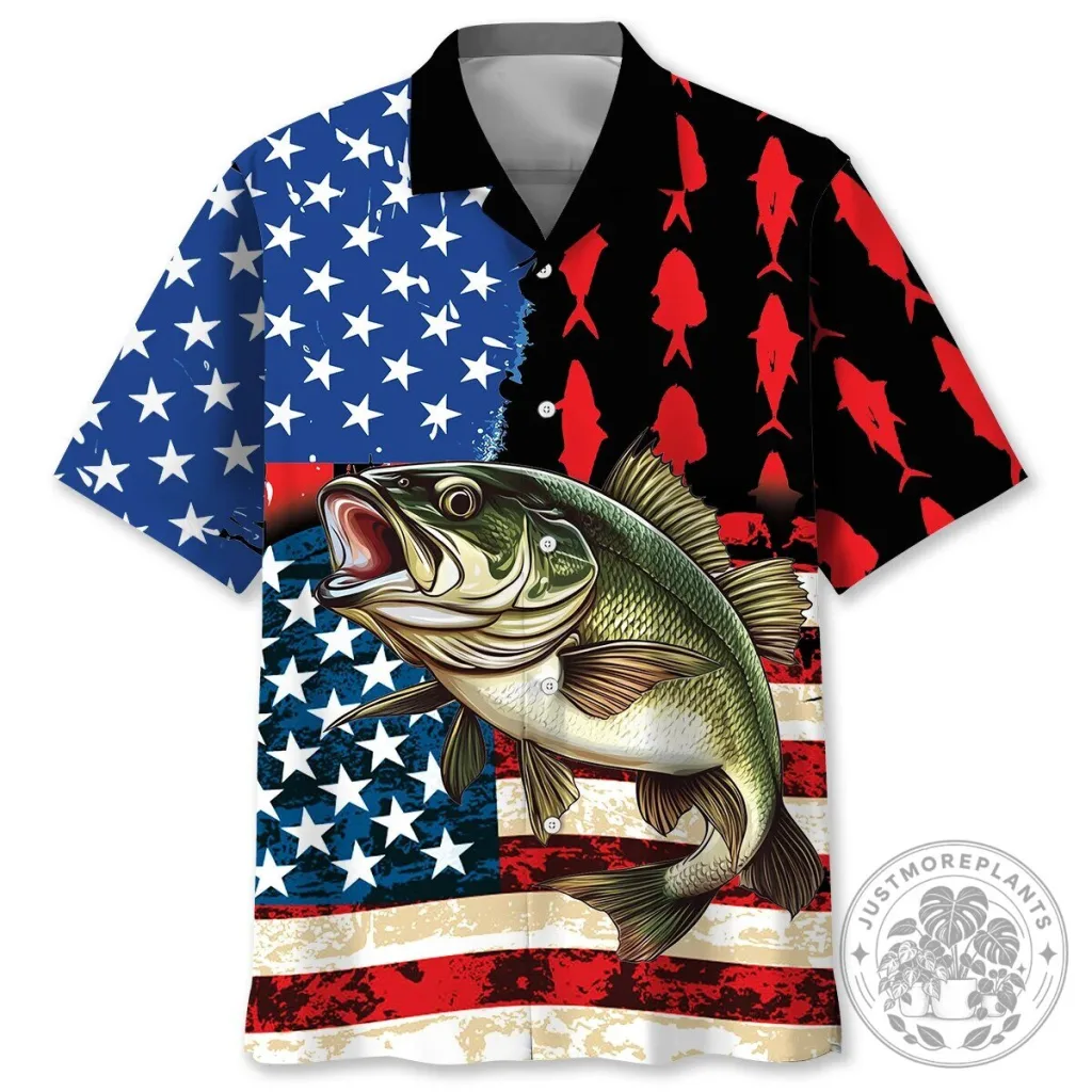 American Flag Bass Fishing Patriotic Button Down Hawaiian Shirt American Flag Bass Fishing Patriotic Button Down Hawaiian Shirt