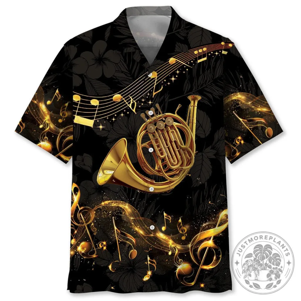 Black Hawaiian Shirt with Musical Notes and Golden French Horn Design Black Hawaiian Shirt with Musical Notes and Golden French Horn Design