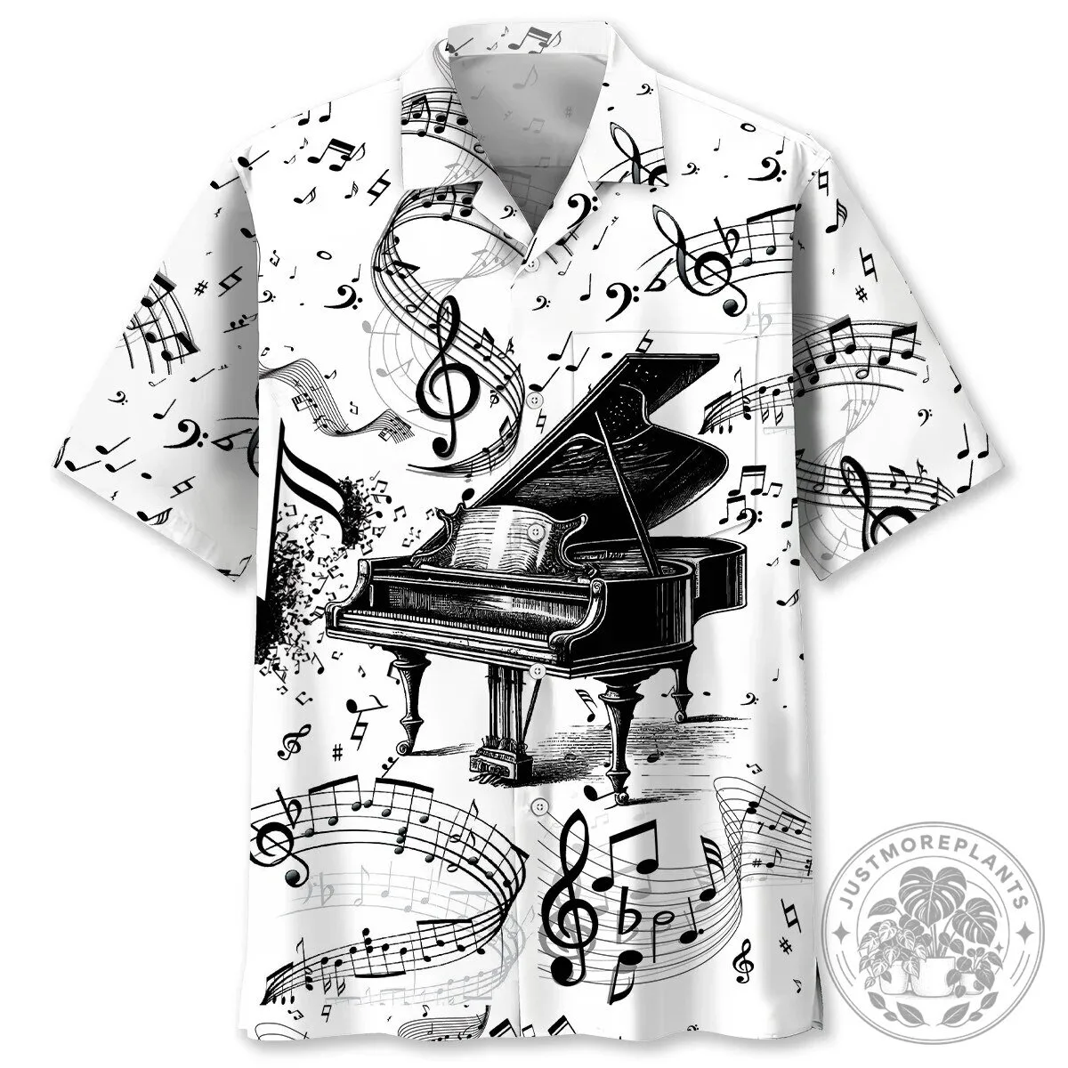 Grand Piano and Musical Notes Black and White Hawaiian Shirt