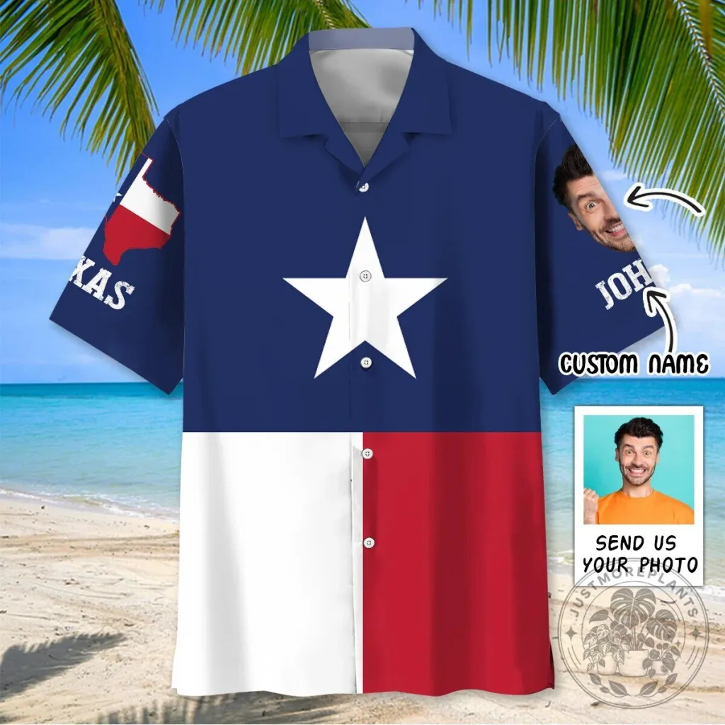 Texas Flag Custom Face and Name Hawaiian Shirt for Men Texas Flag Custom Face and Name Hawaiian Shirt for Men