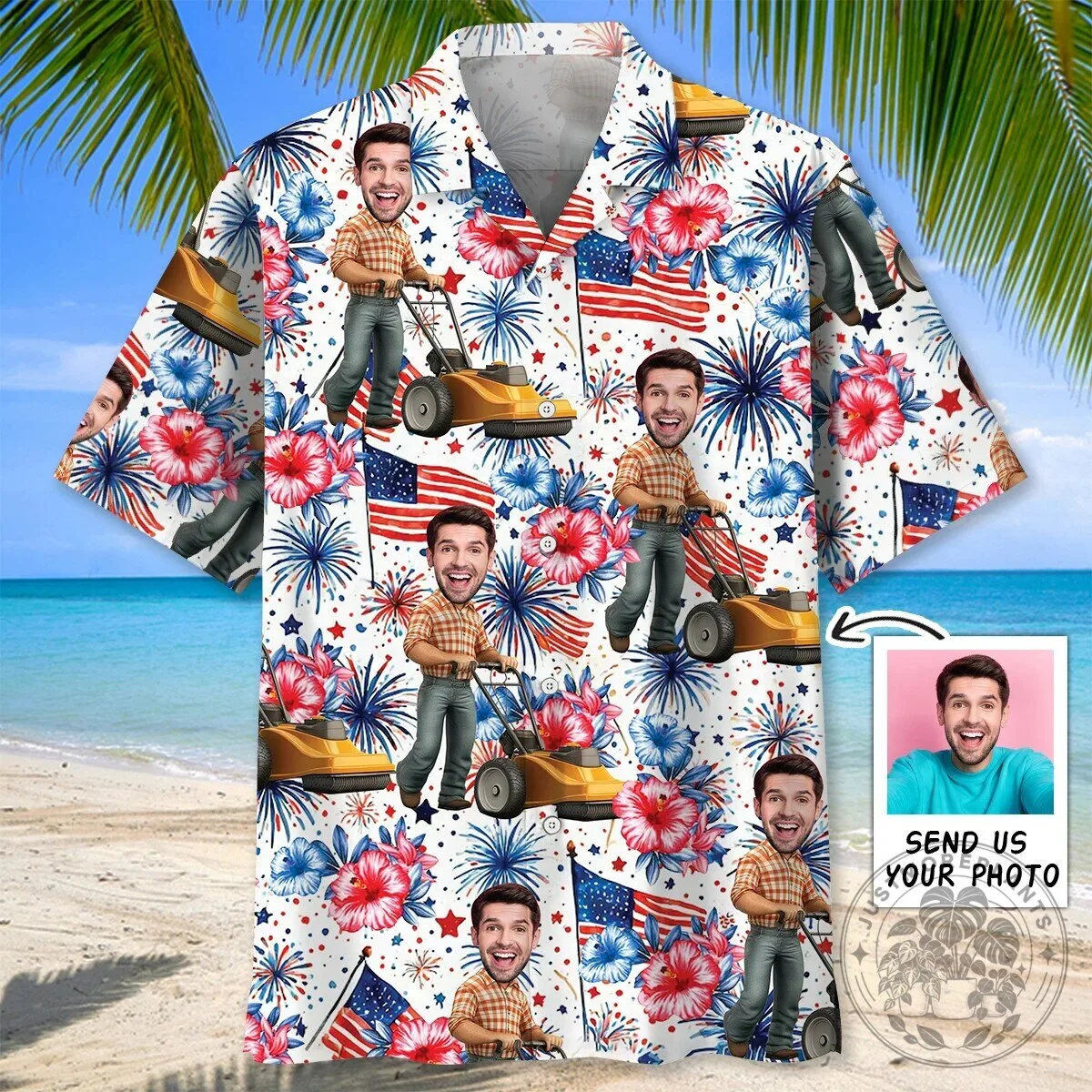 Custom Face American Man Moving Lawn Mower Hawaiian Shirt