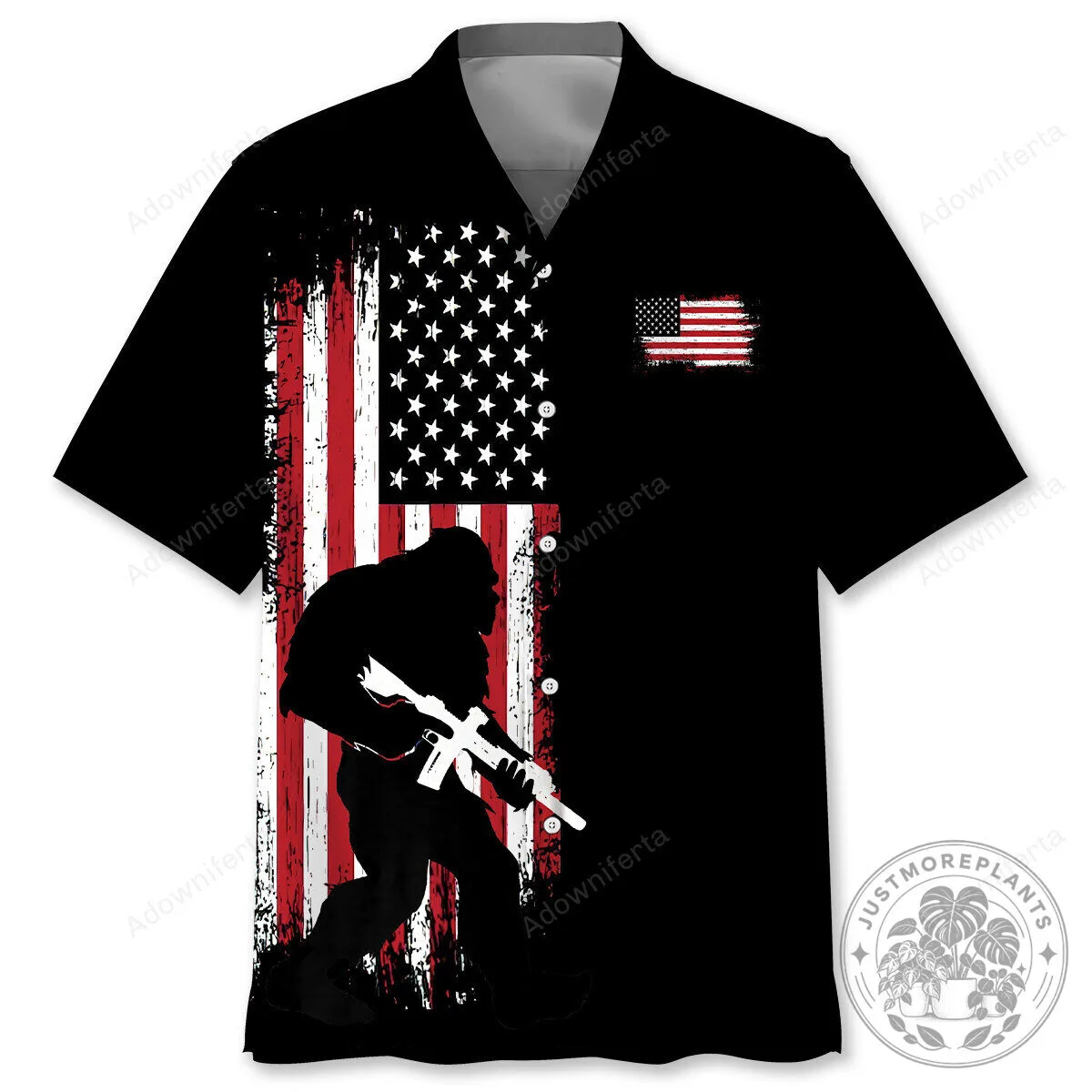 Bigfoot American Flag Patriotic Sasquatch Carrying Rifle Hawaiian Shirt