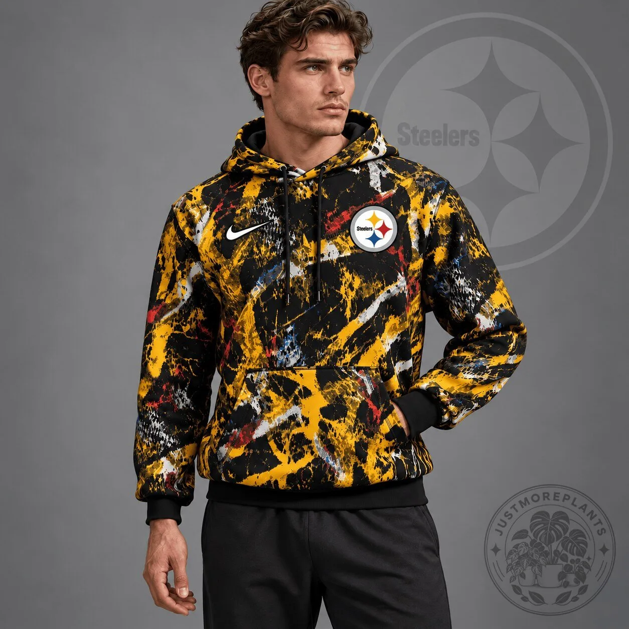 Pittsburgh Steelers NFL Team Crest Distressed Brush Camouflage Pullover Hoodie