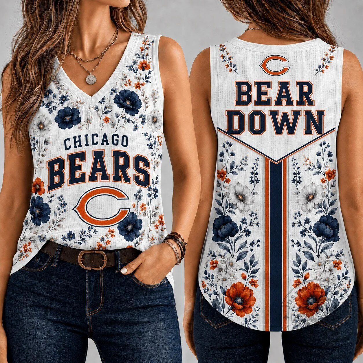 Chicago Bears Floral Vintage Game Day Women's V-Neck Tank Top