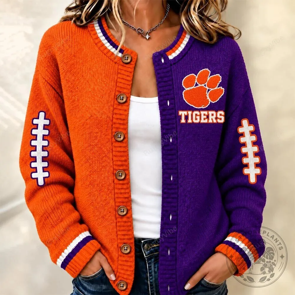 Clemson Tigers Football Team Colors Split Cardigan Sweater