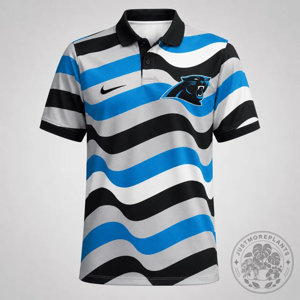 Carolina Panthers Wavy Stripe Pattern Black Blue White Athletic Polo Shirt Carolina Panthers Wavy Stripe Pattern Black Blue White Athletic Polo Shirt