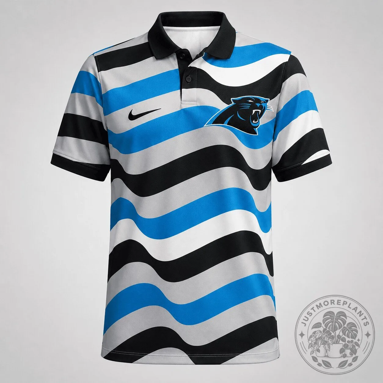 Carolina Panthers Wavy Stripe Pattern Black Blue White Athletic Polo Shirt