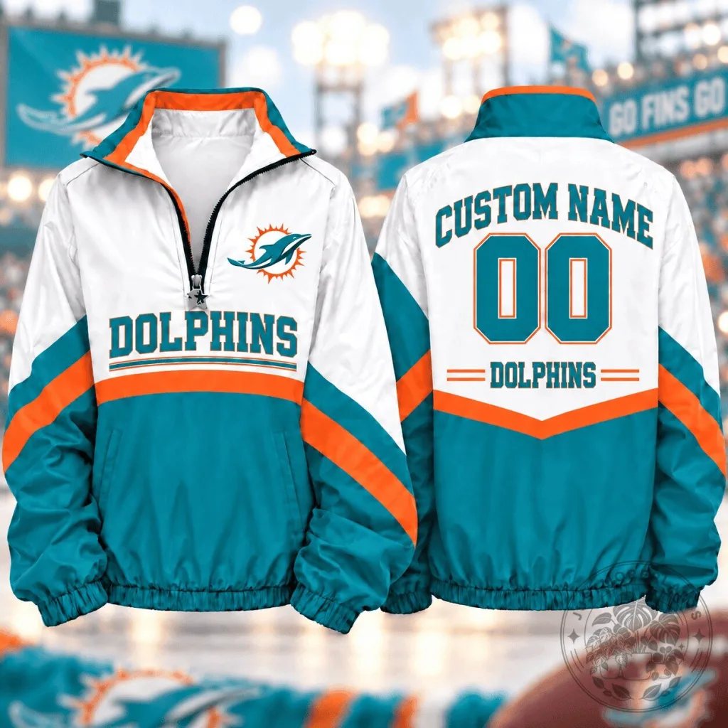 Miami Dolphins NFL Football Team Custom Name And Number Quarter Zip Jacket Miami Dolphins NFL Football Team Custom Name And Number Quarter Zip Jacket