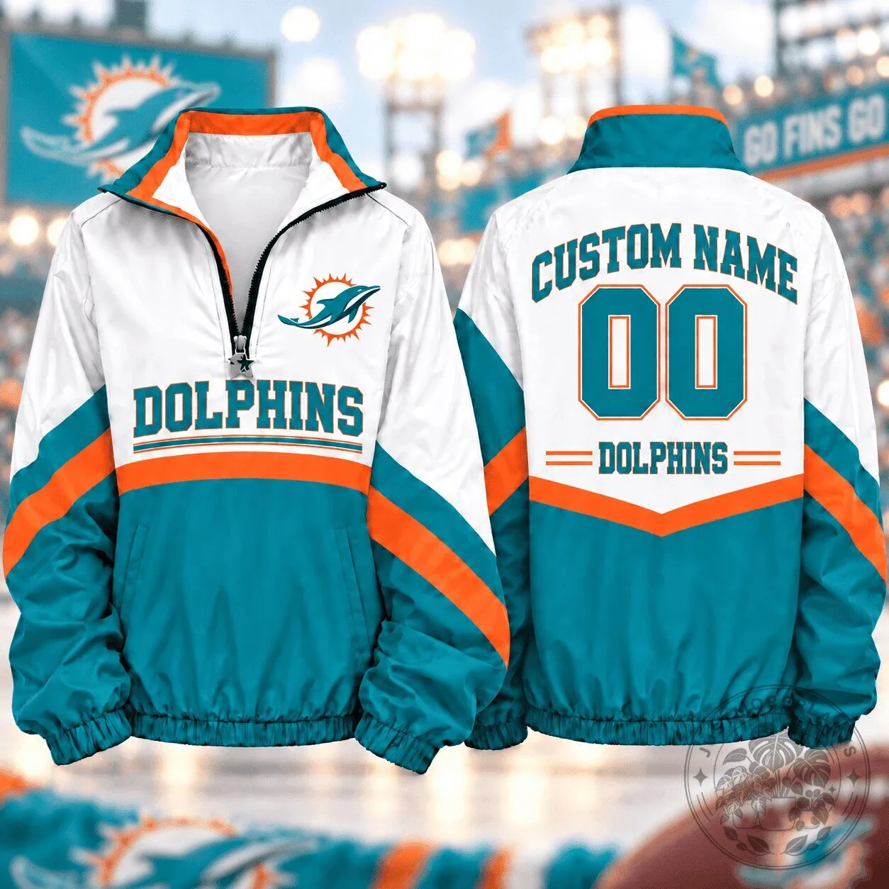 Miami Dolphins NFL Football Team Custom Name And Number Quarter Zip Jacket