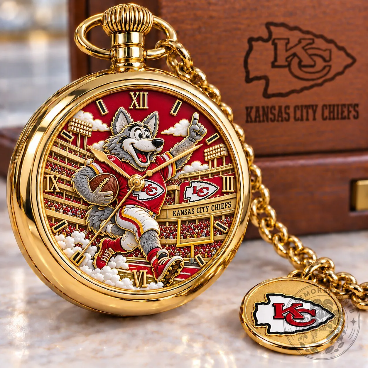 Kansas City Chiefs KC Wolf Mascot Gold Plated Football Pocket Watch