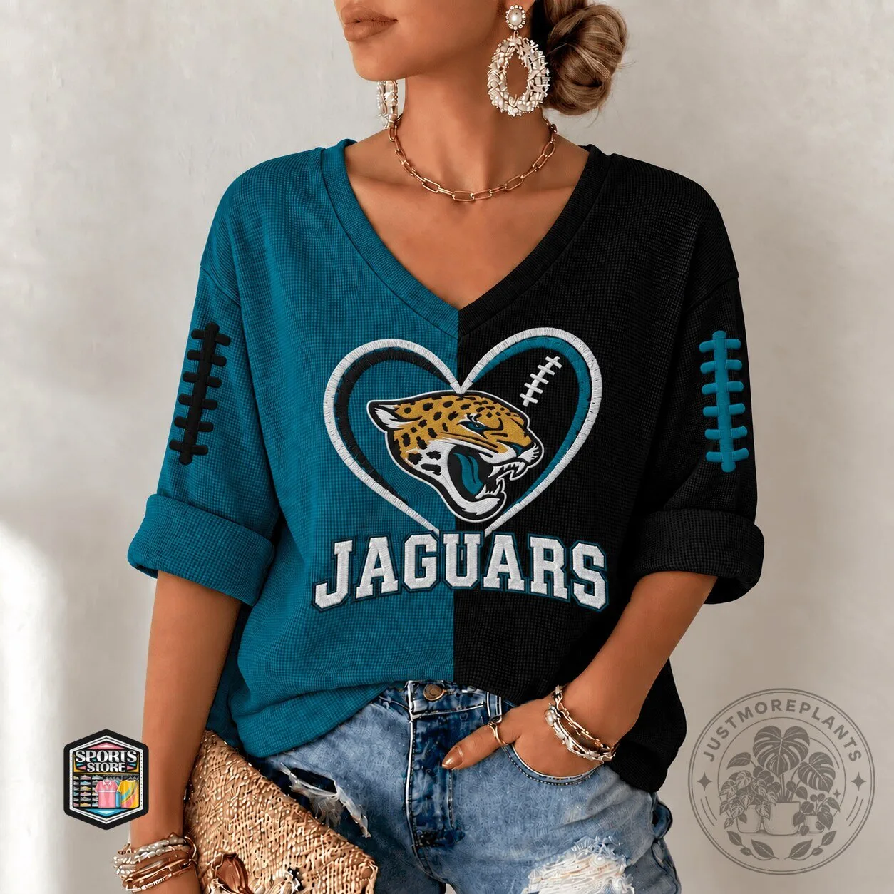 Jacksonville Jaguars Heart Football Design Women's V-Neck T-Shirt