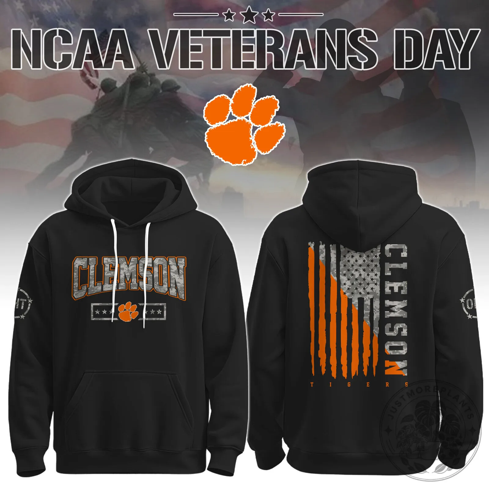 Clemson Tigers NCAA Veterans Day American Flag Distressed Hoodie