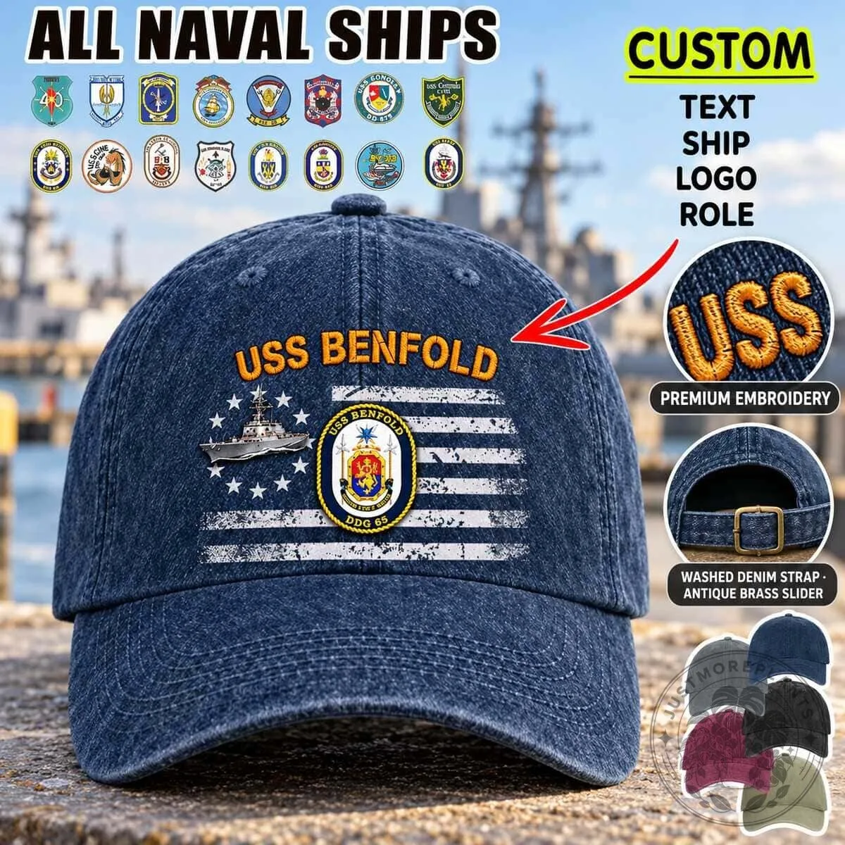 Custom United States Navy USS Benfold Destroyer Ship Embroidered Washed Denim Baseball Cap