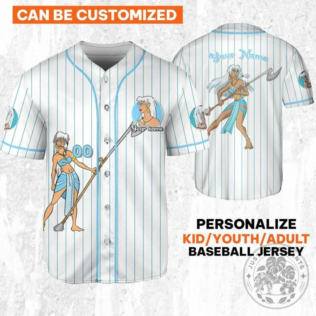 Disney Atlantis Princess Kida Nedakh White Cyan Striped Baseball Jersey Disney Atlantis Princess Kida Nedakh White Cyan Striped Baseball Jersey