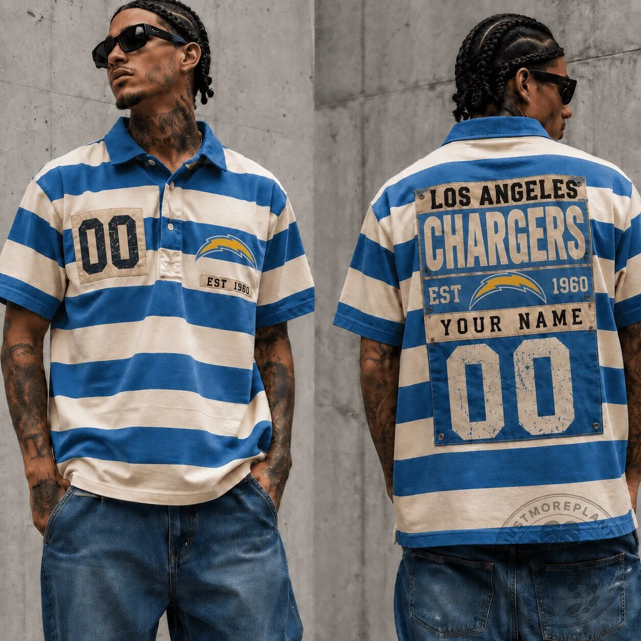Los Angeles Chargers Personalized Striped Polo Shirt