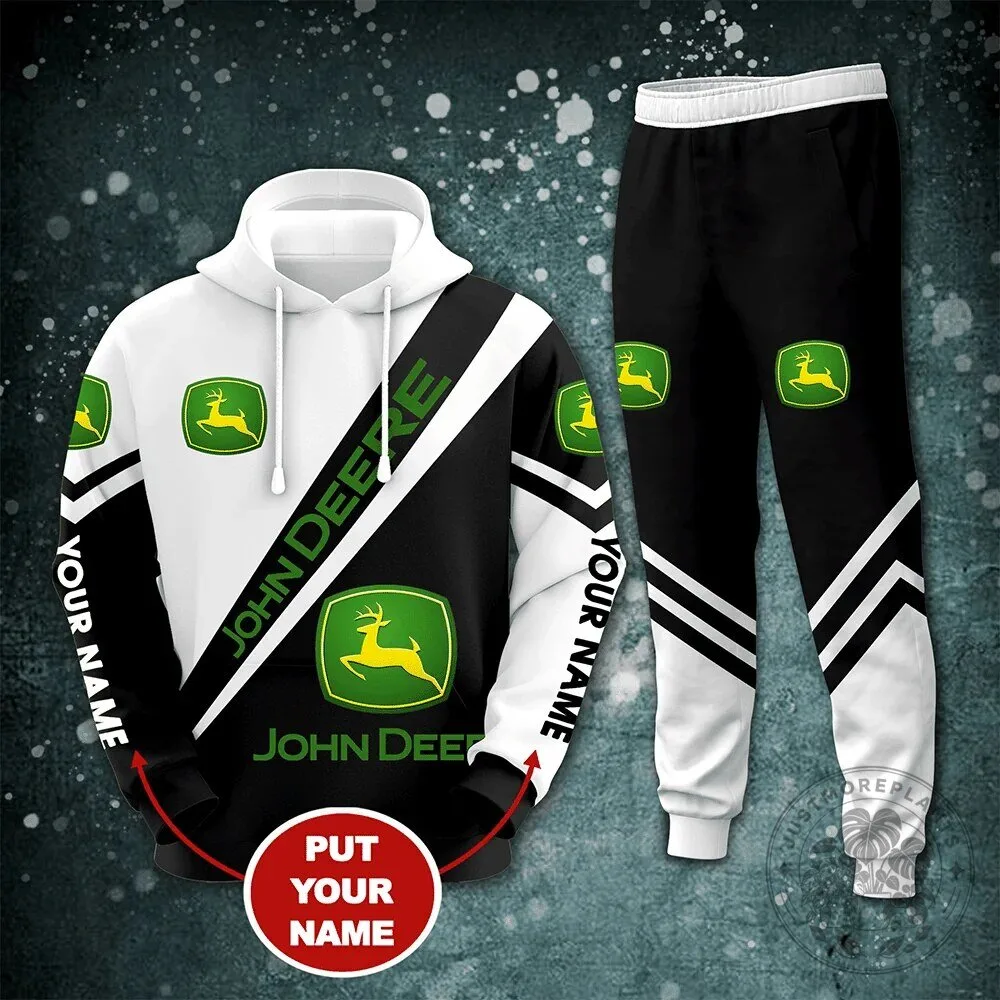 John Deere Personalized Logo Black White Hoodie and Sweatpants Set