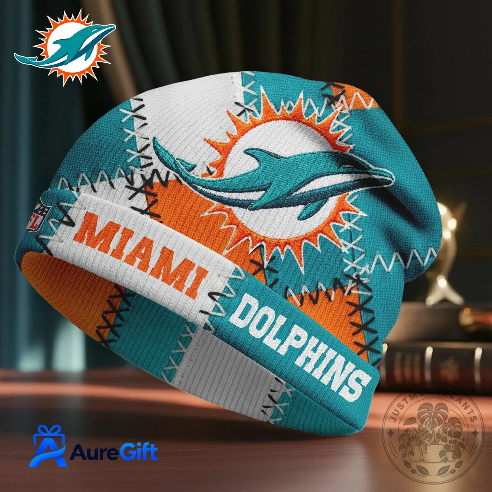 Miami Dolphins NFL Football Team Patchwork Design Beanie Hat