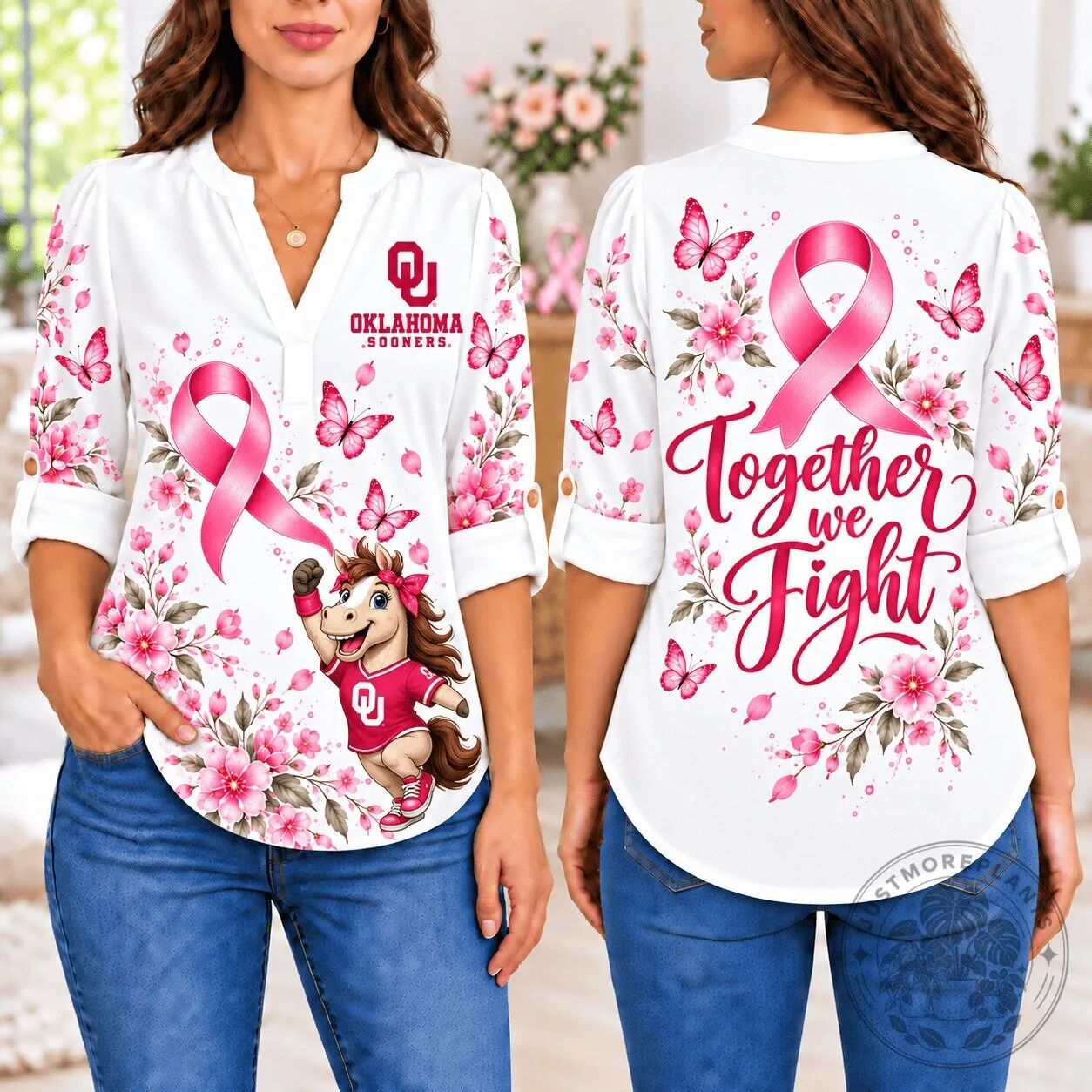 Oklahoma Sooners Breast Cancer Awareness Pink Ribbon Floral Long Sleeve Shirt