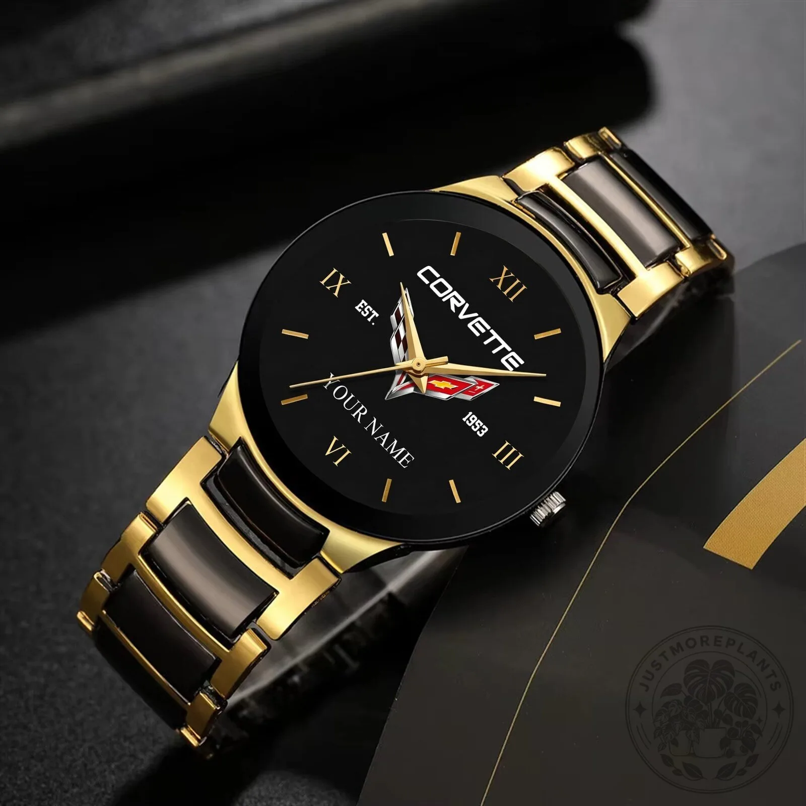 Corvette Custom Name Gold and Black Stainless Steel Watch