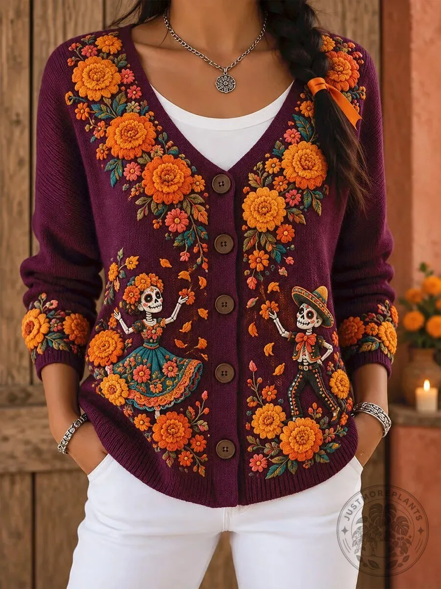 Day of the Dead Floral Embroidered Women's V-Neck Button Cardigan Sweater