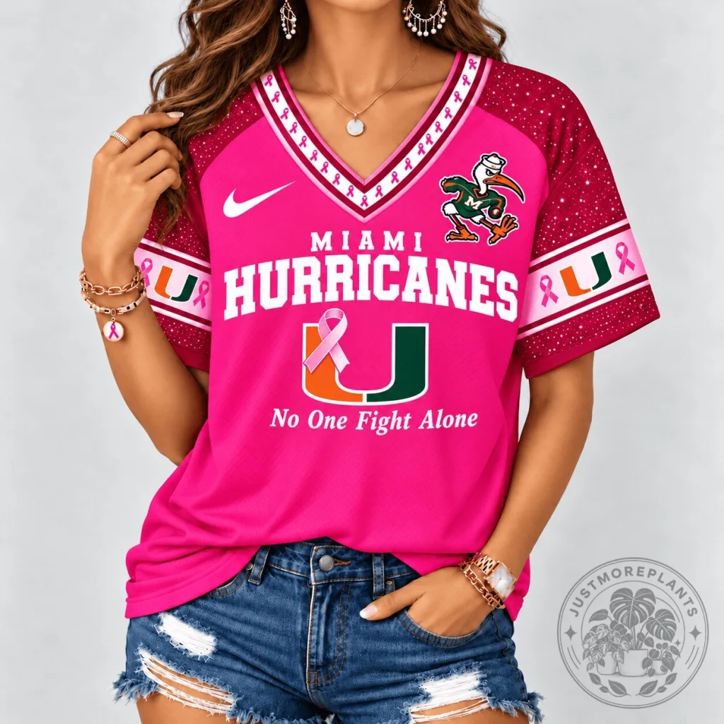 Miami Hurricanes No One Fights Alone Breast Cancer Awareness V-Neck T-Shirt Miami Hurricanes No One Fights Alone Breast Cancer Awareness V-Neck T-Shirt