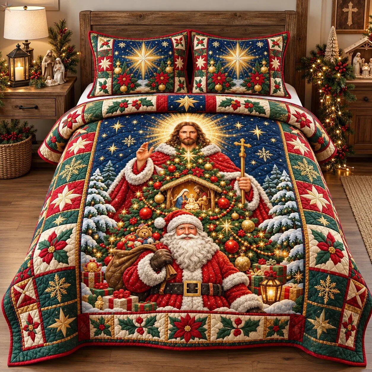 Jesus and Santa Claus Christmas Quilted Bedding Set with Pillow Shams