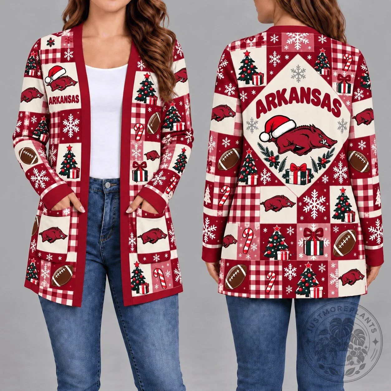 Arkansas Razorbacks Christmas Holiday Plaid Pattern Women's Long Sleeve Cardigan