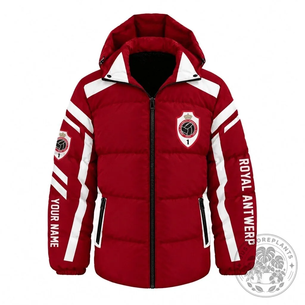 Royal Antwerp Belgian Pro League Red White Striped Custom Name Down Jacket