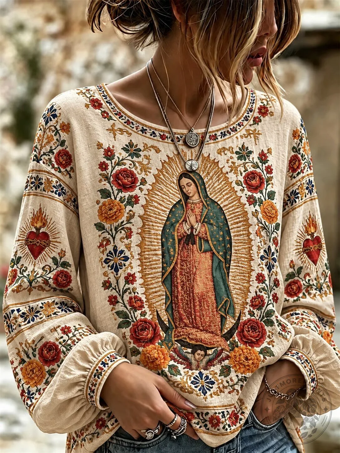 Our Lady of Guadalupe Mexican Folk Art Floral Embroidered Long Sleeve Top