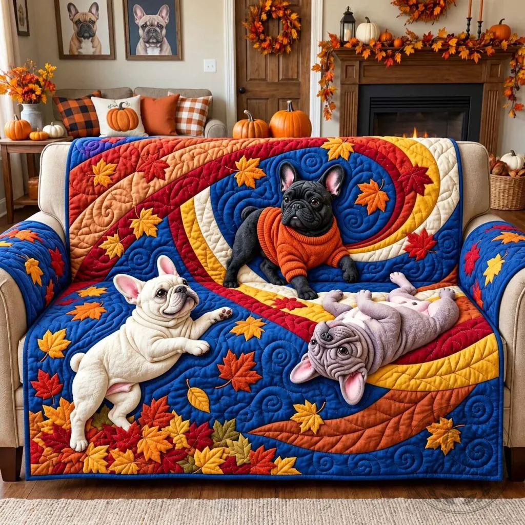 Autumn Swirl French Bulldog Puppies Quilted Sofa Cover Autumn Swirl French Bulldog Puppies Quilted Sofa Cover