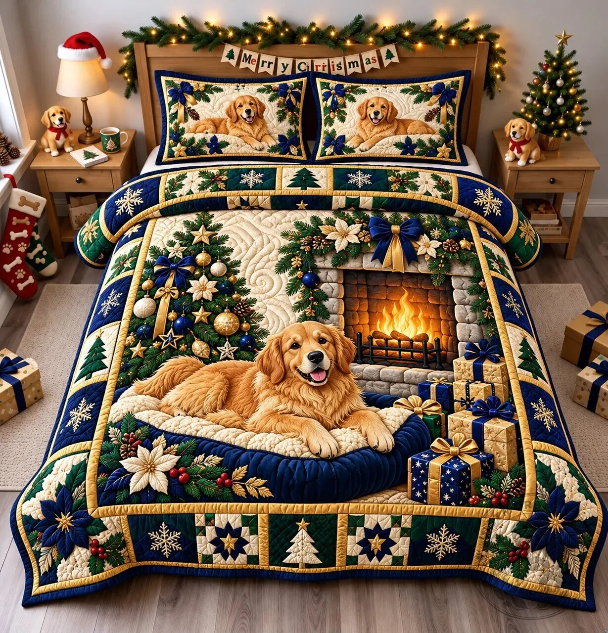 Golden Retriever Christmas Joy Quilted Bedding Set with Pillow Shams