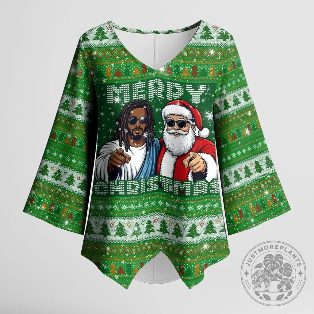 Black Jesus and Santa Claus Merry Christmas Ugly Sweater Style Blouse