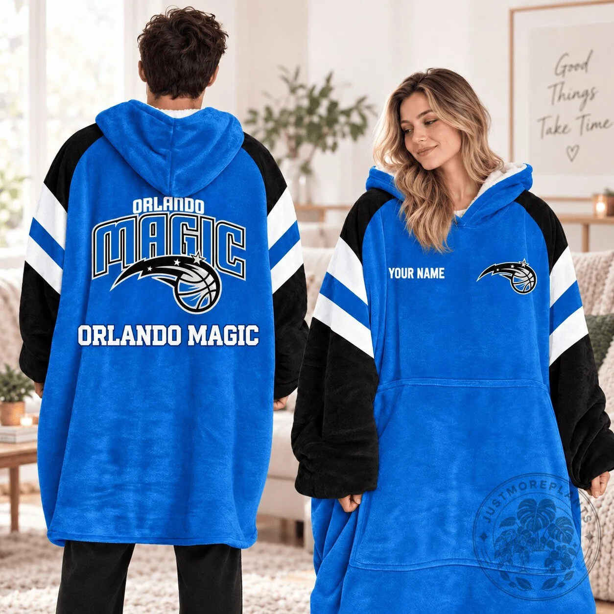 Orlando Magic NBA Team Logo Custom Name Blue Black White Wearable Blanket Hoodie