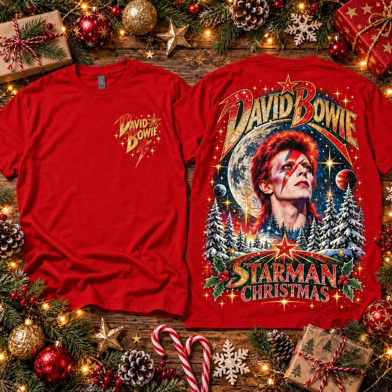 David Bowie Starman Christmas Glam Rock Music Fan Holiday Red T-Shirt