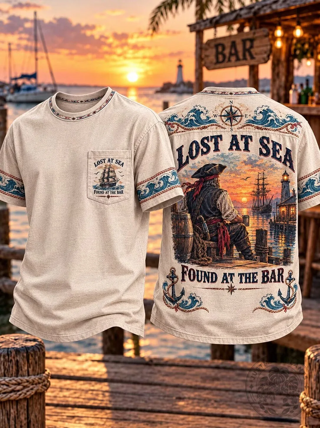 Lost At Sea Found At The Bar Pirate Ship Sunset Graphic T-Shirt