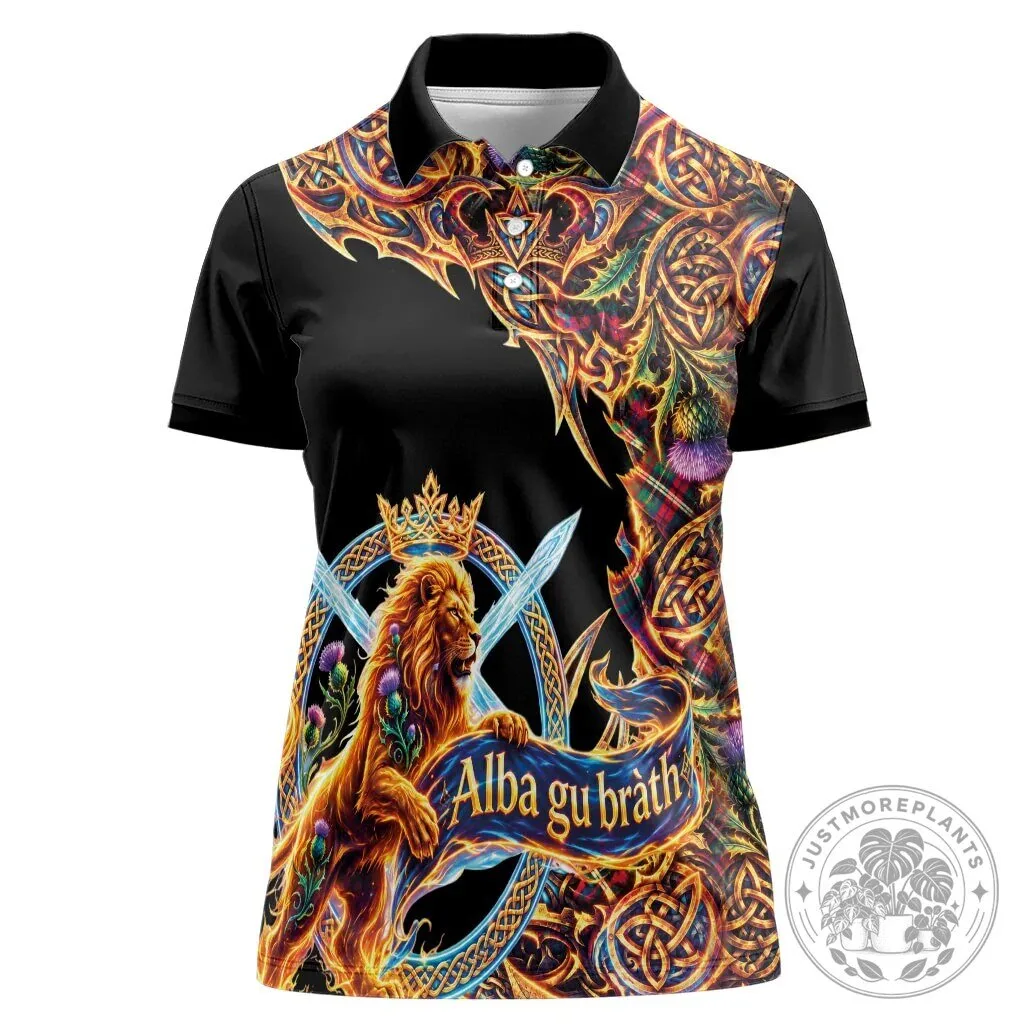 Scotland Forever Celtic Lion and Thistle Tartan Pattern Women's Polo Shirt 1 Scotland Forever Celtic Lion and Thistle Tartan Pattern Women's Polo Shirt