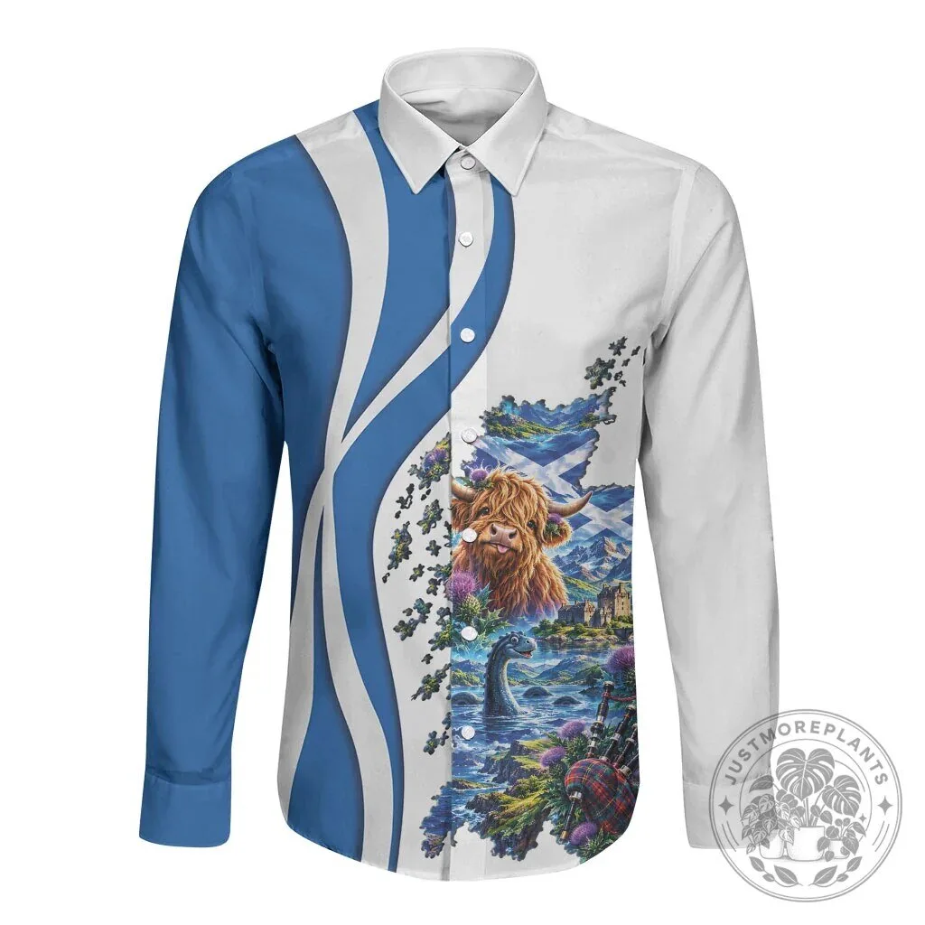 Scotland National Flag and Map Highland Cow Nessie Thistle Long-Sleeve Button Shirt