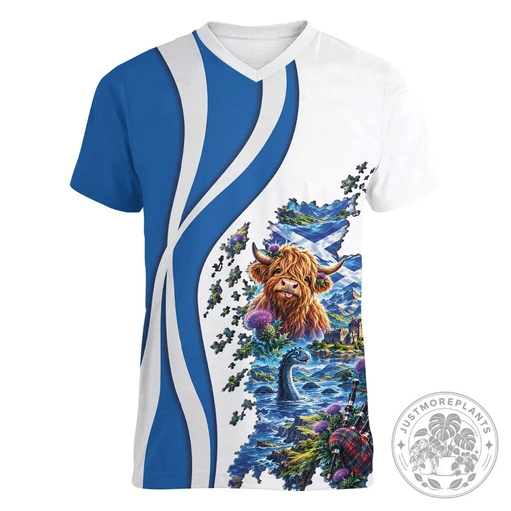 Scotland National Flag and Map Highland Cow Nessie Thistle V-Neck T-Shirt