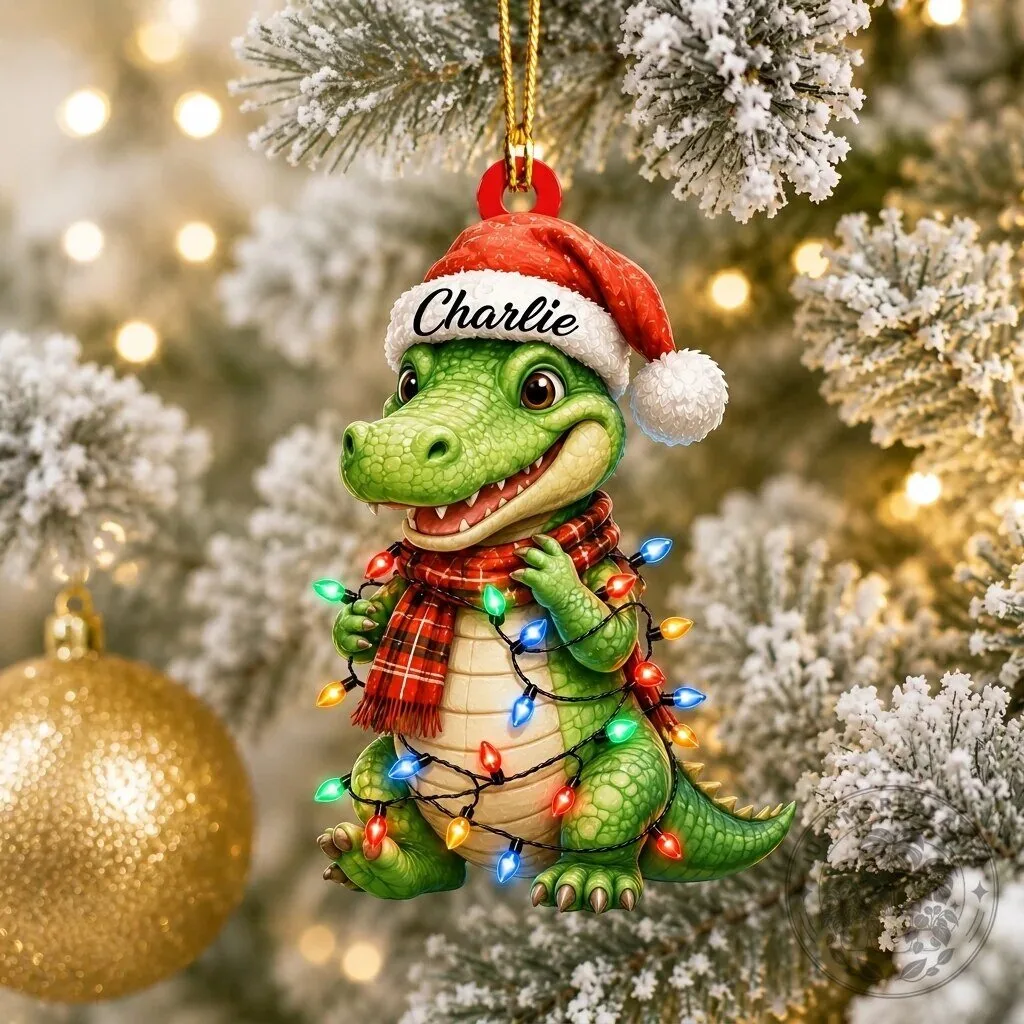 Personalized Alligator Christmas Tree Ornament with Custom Name, Cute Crocodile Holiday Decor