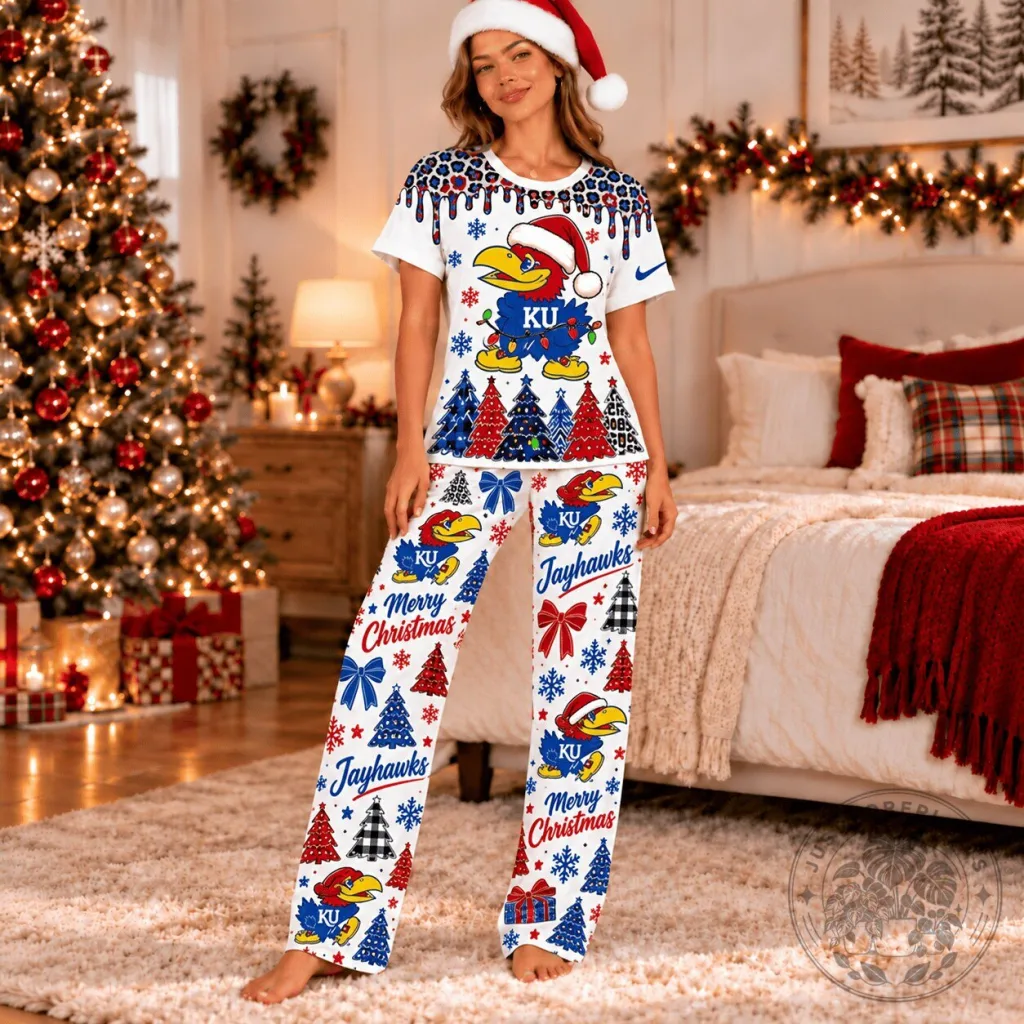 Kansas Jayhawks Christmas Leopard Drip Holiday Pajamas Set Kansas Jayhawks Christmas Leopard Drip Holiday Pajamas Set