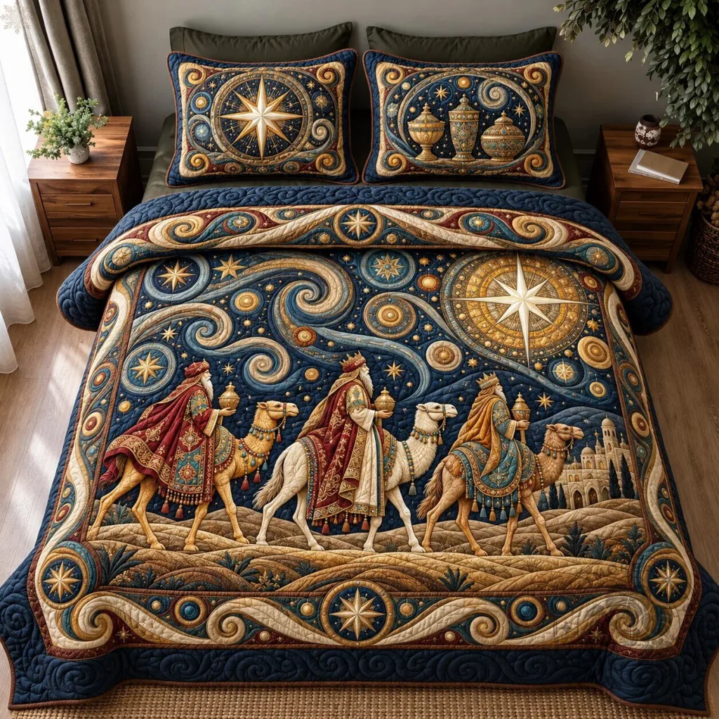 Three Wise Men Follow The Star Christmas Nativity Quilted Bedding Set Three Wise Men Follow The Star Christmas Nativity Quilted Bedding Set