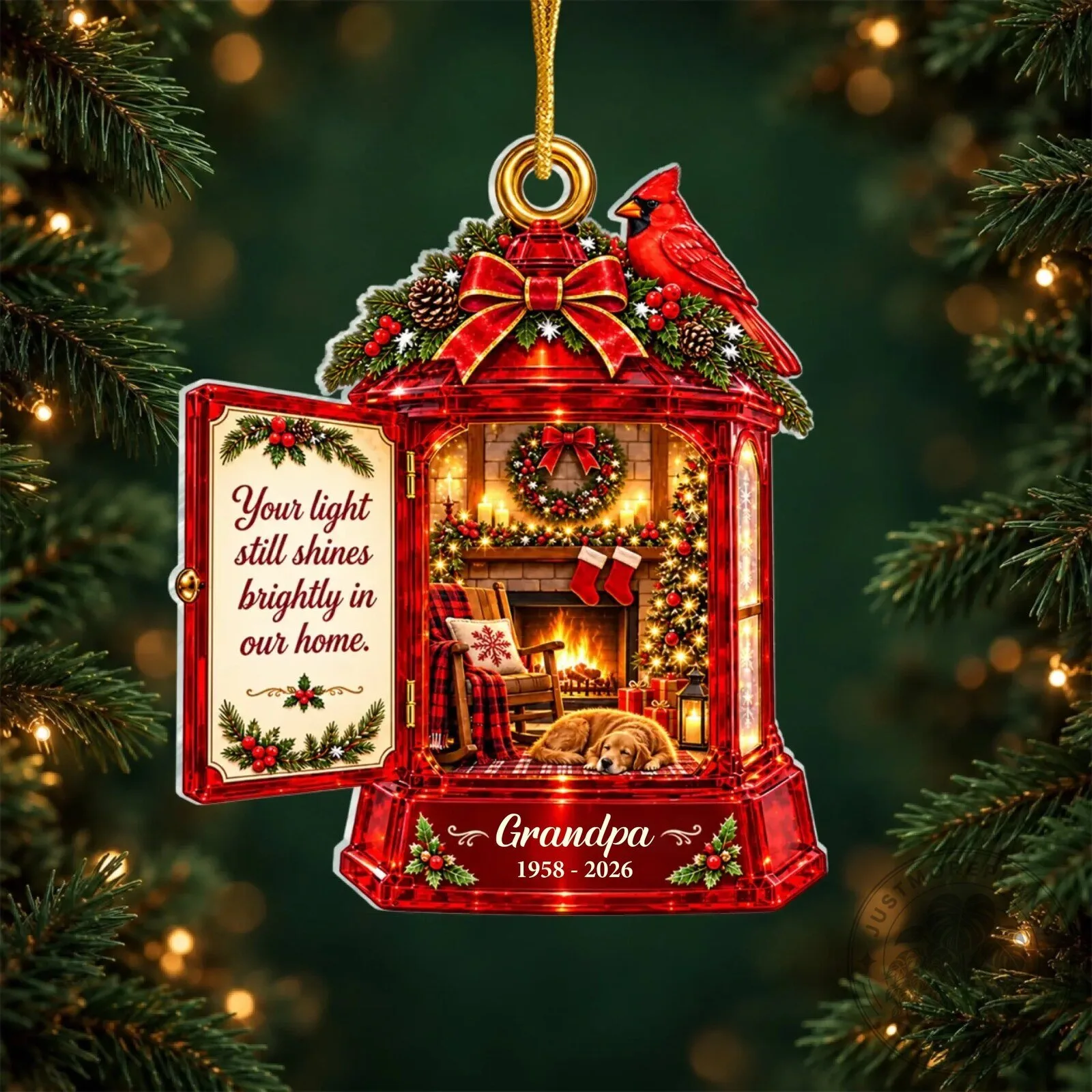 Personalized Memorial Lantern Cardinal Christmas Tree Ornament with Fireplace Scene