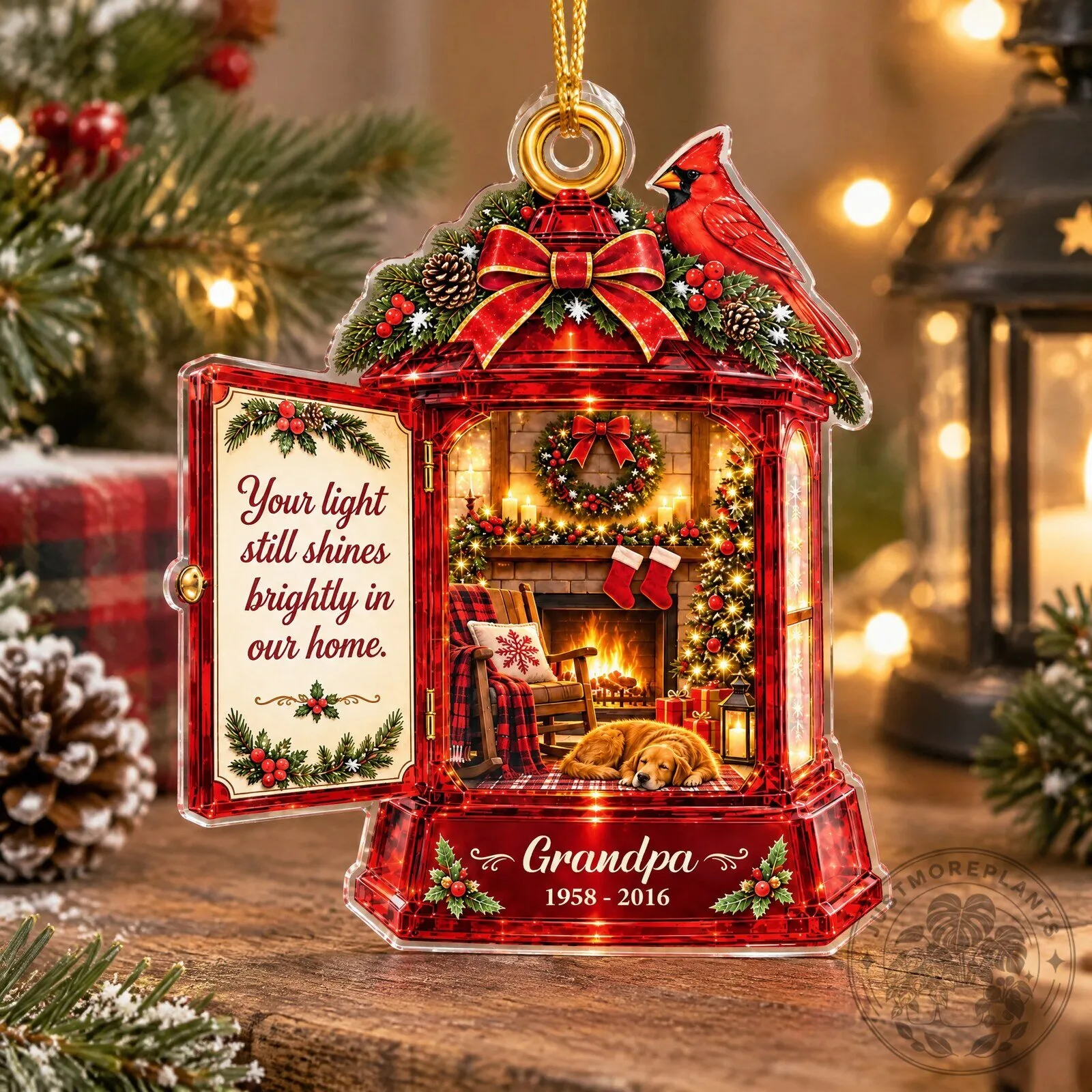 Personalized Memorial Lantern Cardinal Christmas Tree Ornament with Fireplace Scene 10 Personalized Memorial Lantern Cardinal Christmas Tree Ornament with Fireplace Scene