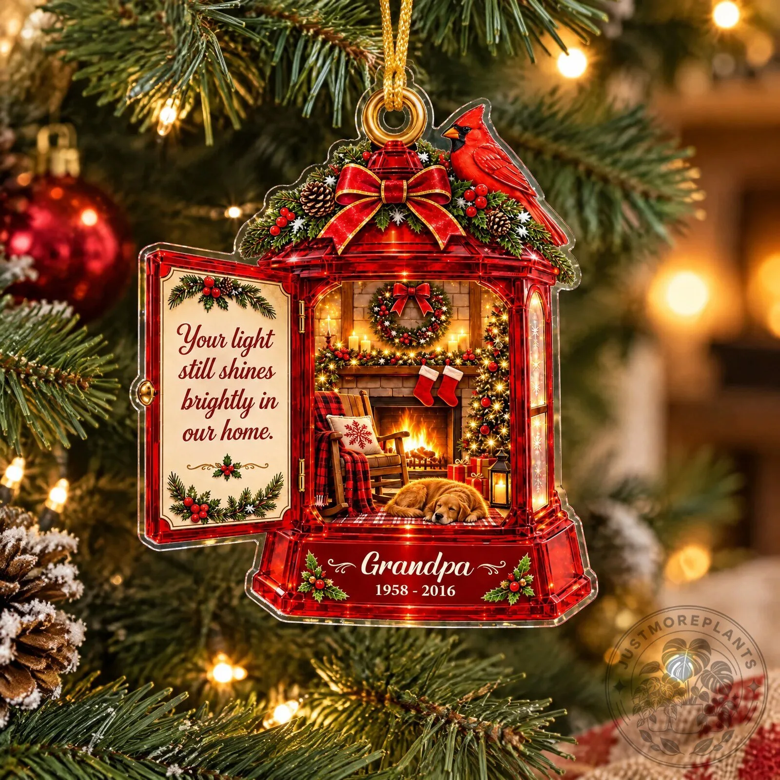 Personalized Memorial Lantern Cardinal Christmas Tree Ornament with Fireplace Scene 11 Personalized Memorial Lantern Cardinal Christmas Tree Ornament with Fireplace Scene