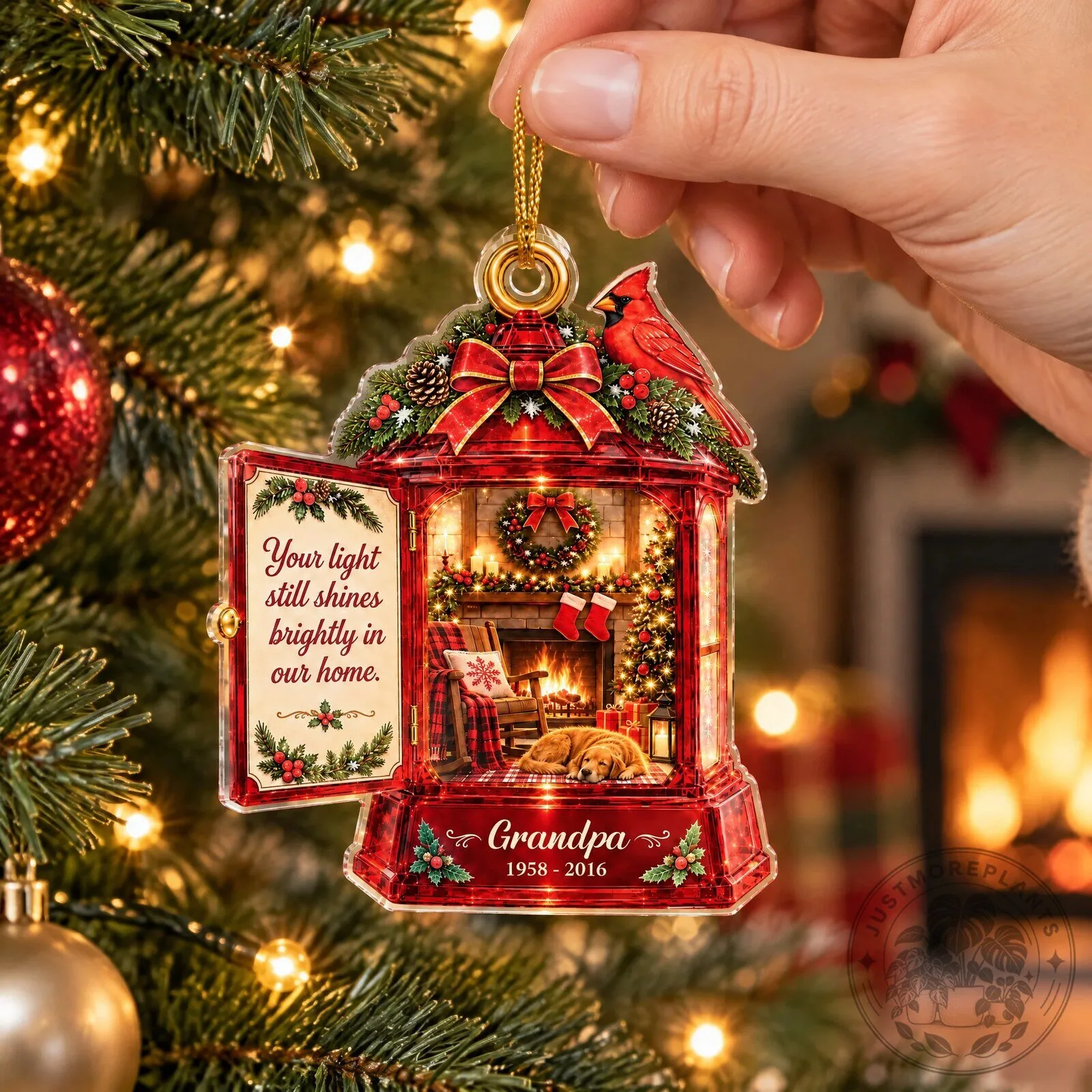 Personalized Memorial Lantern Cardinal Christmas Tree Ornament with Fireplace Scene 12 Personalized Memorial Lantern Cardinal Christmas Tree Ornament with Fireplace Scene