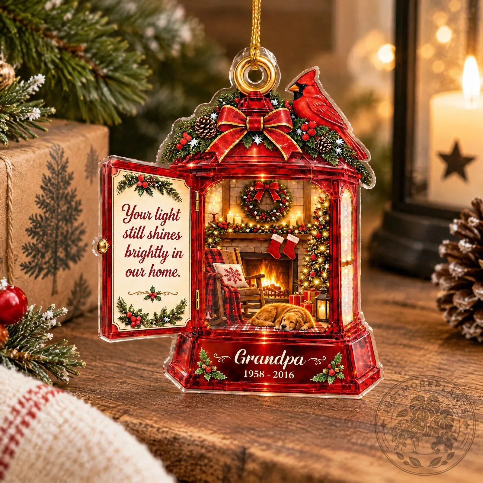 Personalized Memorial Lantern Cardinal Christmas Tree Ornament with Fireplace Scene 13 Personalized Memorial Lantern Cardinal Christmas Tree Ornament with Fireplace Scene