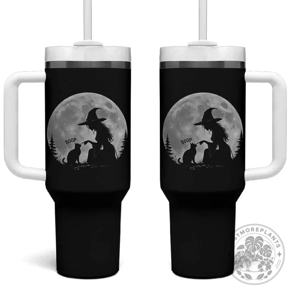 Witch Booping Cat Nose Under Full Moon Halloween Insulated Tumbler With Handle