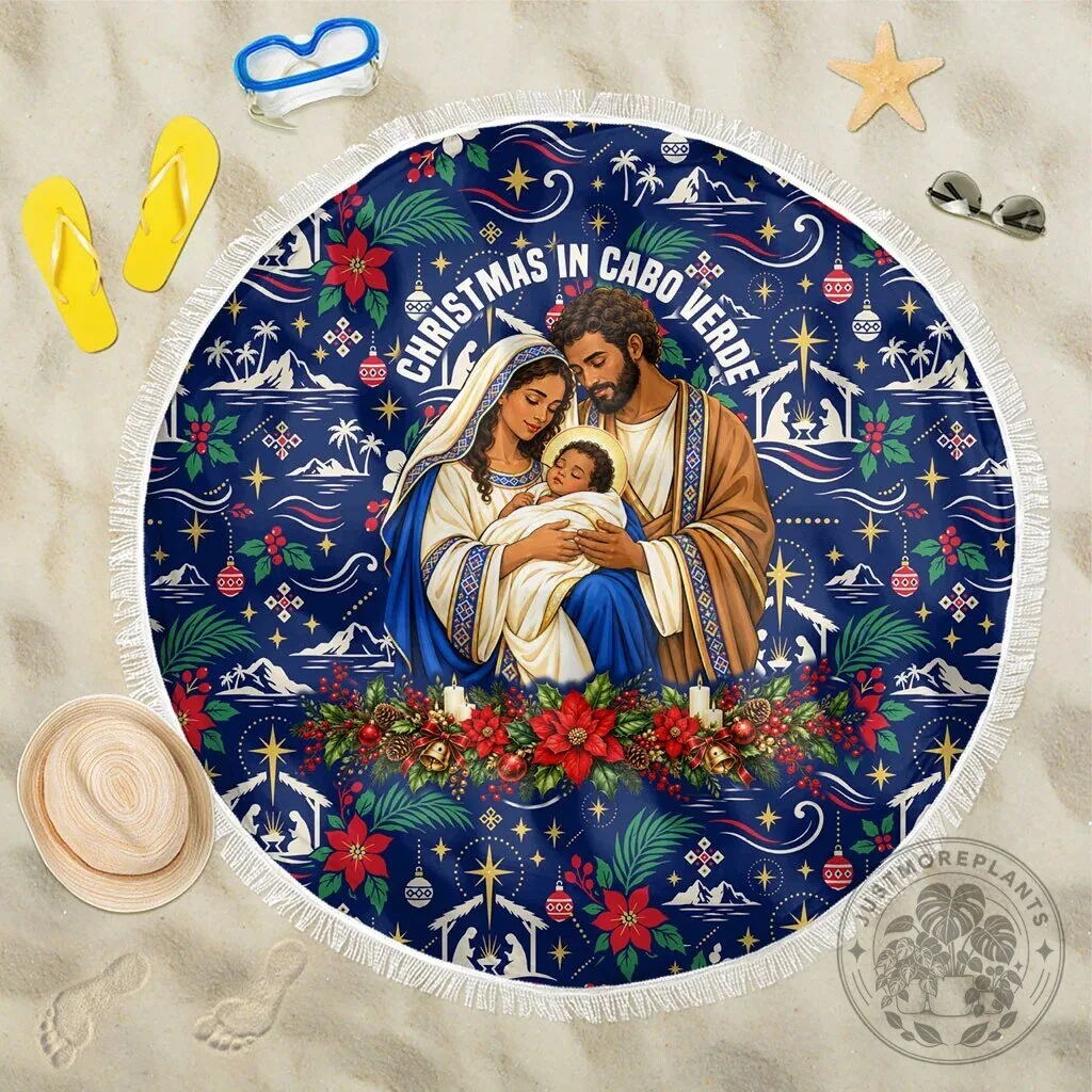 Christmas in Cabo Verde Nativity Scene Round Beach Blanket with Fringe