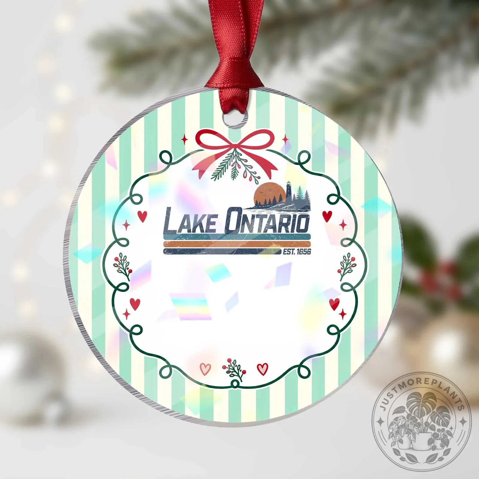 Lake Ontario Est 1656 Vintage Distressed Sunset Stripe Lighthouse Ornament